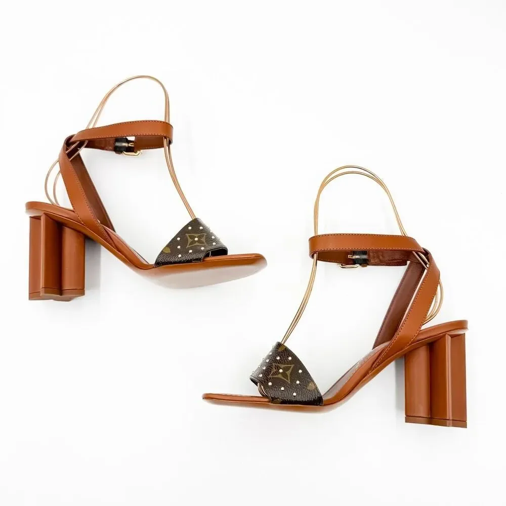 Louis Vuitton NEW LV Monogram Studded Block Heel Leather Sandals EU 38 US 8 - Picture 6 of 11